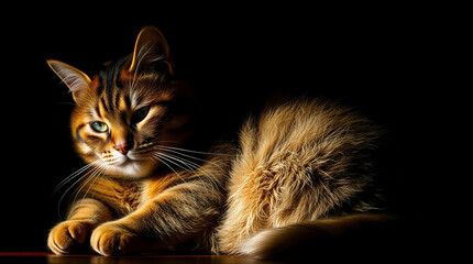 Fat cat bathed in chiaroscuro lighting, warm terracotta and cool teal tones, strong contrasts, deep shadows, highlighting form..jpg