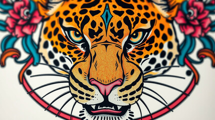 Extreme macro close-up of a symbolic traditional tattoo art print of a leopard, vibrant colors, retro flair, complex ornamentation, white background, small subject detail..jpg