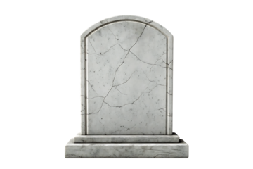 Cracked marble tombstone with rounded top on a pedestal