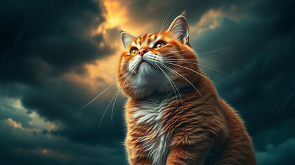 Fat cat in intense, dramatic weather, warm terracotta and cool teal, stormy skies, high tension, dynamic composition..jpg