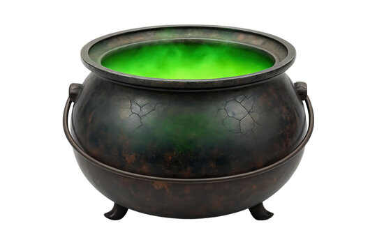 Ancient cracked cauldron bubbling with mysterious green potion and smoke - Powered by Adobe