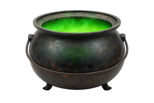 Ancient cracked cauldron bubbling with mysterious green potion and smoke