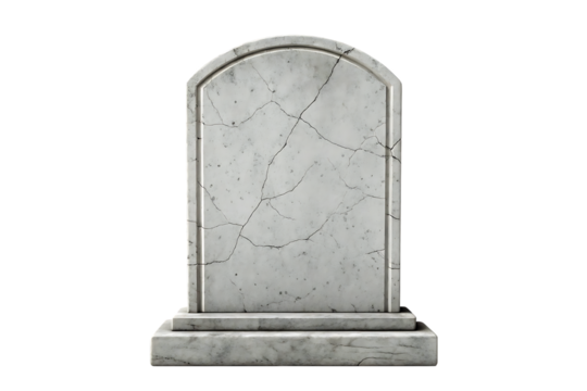Cracked marble tombstone with rounded top on a pedestal