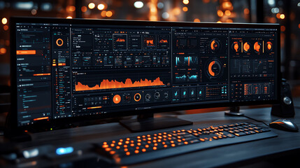 A high-tech workspace featuring multiple monitors displaying software analytics and vibrant data visualizations.