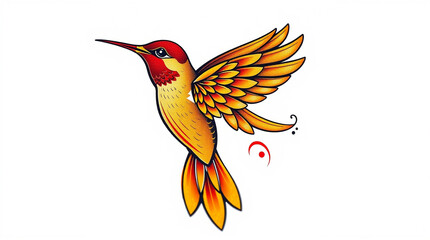 High-angle view of a symbolic traditional hummingbird tattoo design, vibrant red orange yellow colors, retro ornamental style, complex details, white background..jpg