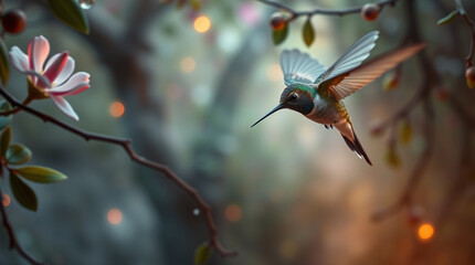 High-angle perspective of a hummingbird, looking down, in a mystic enchanting environment, gentle color contrasts creating a dreamlike, ethereal quality..jpg