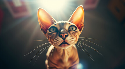 High-angle perspective of a sphinx cat, bright lens flare, light streaks, vibrant colors, looking down, elevated viewpoint, sharp focus..jpg