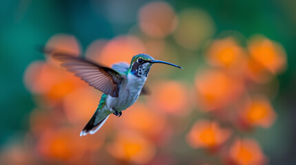 High-angle, long-exposure photograph of a hummingbird in motion, light trails visible, elevated viewpoint showing blurred wings and vibrant background..jpg