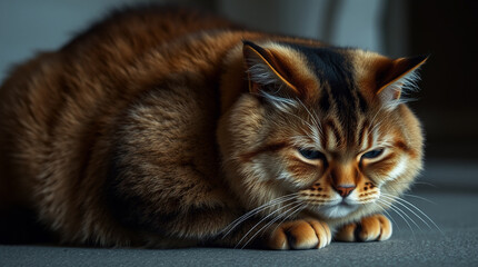 High-contrast, low-key lighting photograph of a fat cat, natural earth tones, browns, beiges, muted colors, deep shadows, dramatic effect, highlighting the cat's texture..jpg