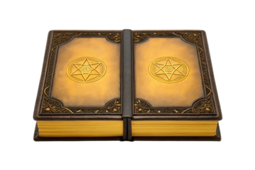 Ornate golden ancient tome with mystical star symbols and intricate metalwork
