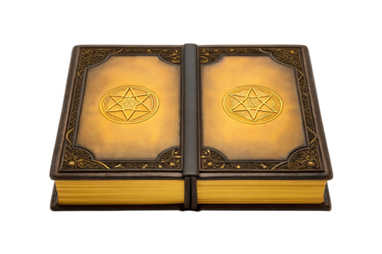 Ornate golden ancient tome with mystical star symbols and intricate metalwork