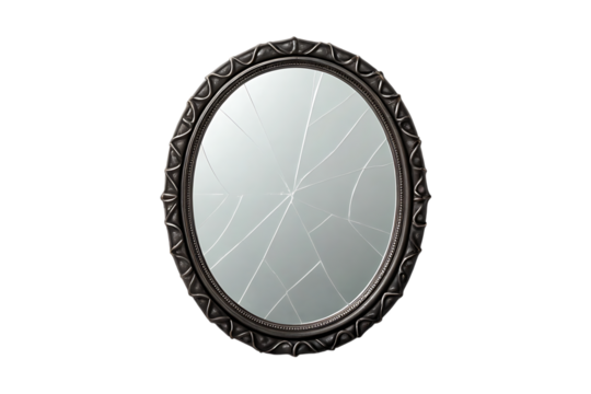 Ornate oval mirror with a shattered reflective surface