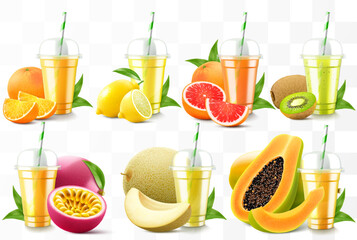 Set of clear plastic cups with juice or smoothie. Cup with sphere dome cap for milkshake, lemonade. Fruity organic shake with different exotic fruits. Fruit cocktail. Realistic 3d vector template