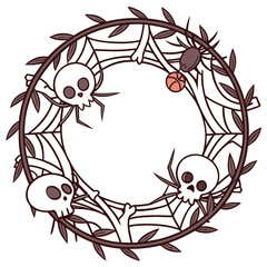A spooky halloween wreath featuring skulls, spiders, spiderwebs, bones, and leaves in a circular design