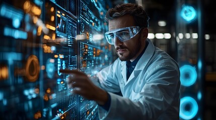 Scientist monitoring an  enhanced industrial chemical reactor through a digital touchscreen interface