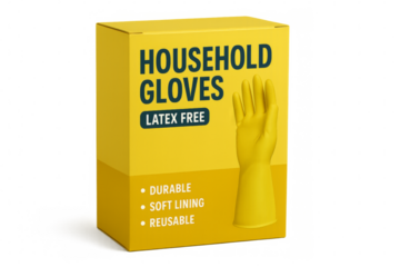 Yellow household gloves emerging from packaging on transparent background