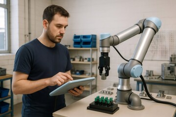Engineer using digital tablet programming and controlling robotic arm in advanced manufacturing facility, showcasing automation and Industry 4.0
