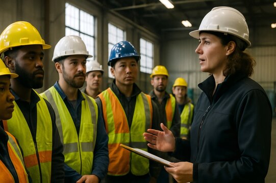 Team of workers attentively listening to their female supervisor during a morning safety meeting in a bustling factory environment