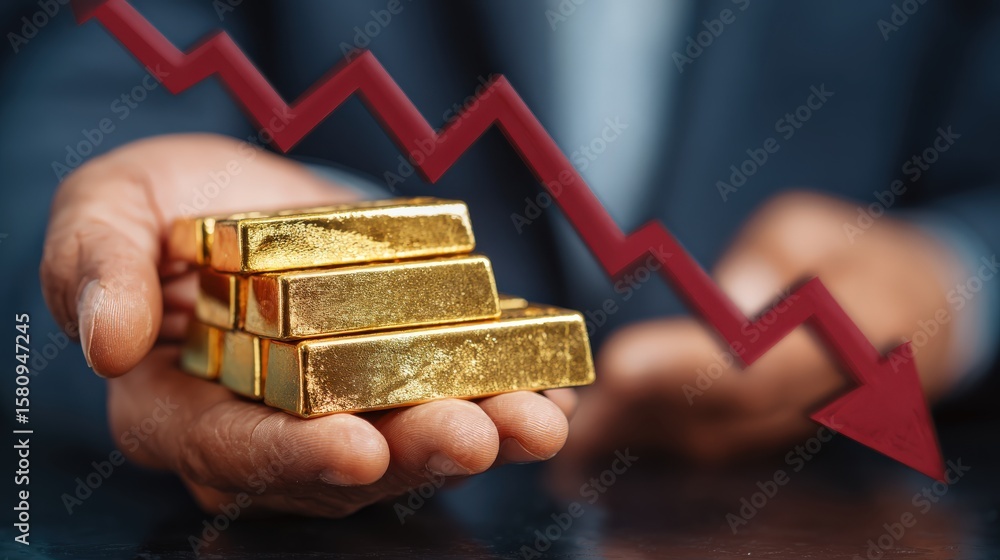 Aufkleber a hand holds gold bars with a red descending arrow graph symbolizing a decline in gold value or mark