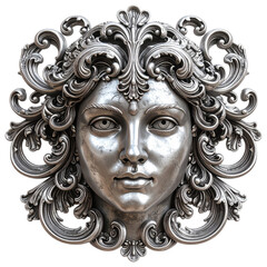 Front View of Ornate Metallic Face Sculpture with Swirling Engraved Details, Transparent Background