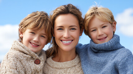 A joyful woman embraces her two playful children outdoors, showcasing love and connection in a beautiful natural setting.