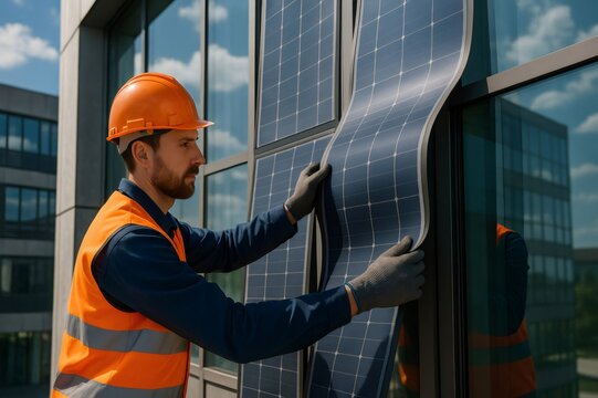 Technician in safety gear carefully installing flexible solar panels on a modern building facade, highlighting renewable energy solutions