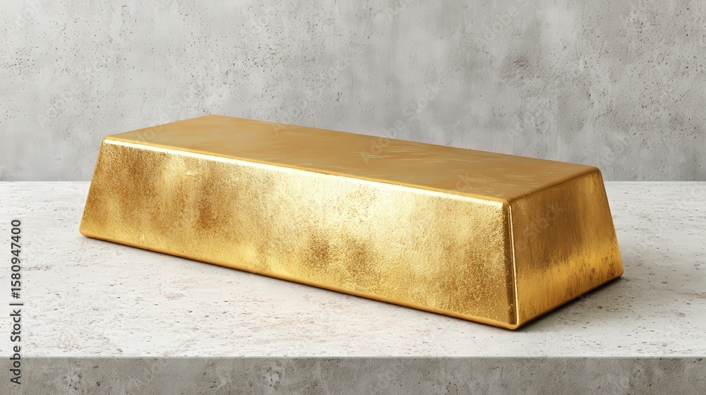 Poster a shiny gold bar resting on a textured concrete surface with a plain gray background.