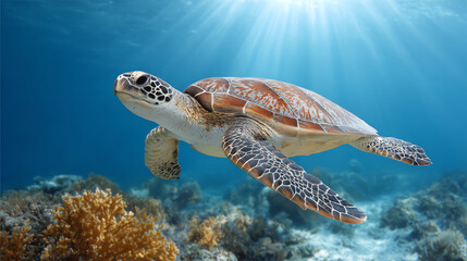 Fototapeta premium A majestic sea turtle glides gracefully through vibrant coral reefs under sparkling sunlight, showcasing marine beauty.