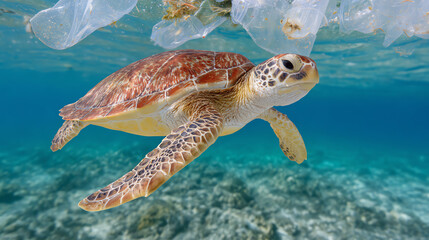 Obraz premium A majestic sea turtle gracefully gliding under clear blue waters, showcasing the beauty of marine life and the importance of ocean conservation.