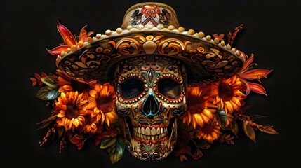 Decorated sugar skull wearing a sombrero amidst vibrant sunflowers, celebrating Day of the Dead traditions and cultural artistry.