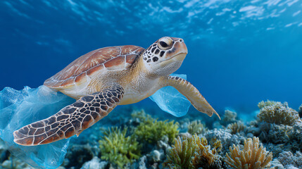 Obraz premium A majestic sea turtle gracefully swims through clear blue waters, surrounded by vibrant coral reefs and marine life.
