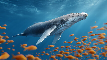 Fototapeta premium A majestic whale gracefully glides through crystal-clear waters, surrounded by vibrant jellyfish creating a stunning underwater scene.
