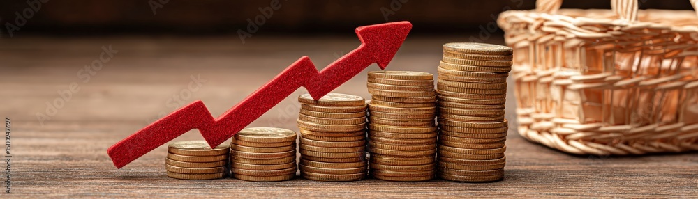 Poster stacks of coins arranged in ascending order with a red upward arrow indicating financial growth or p