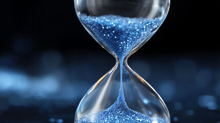 A mesmerizing hourglass filled with sparkling blue sand, symbolizing the passage of time and the beauty of fleeting moments.