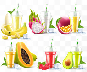 Set of clear plastic cups with juice or smoothie. Cup with sphere dome cap for milkshake, lemonade. Fruity organic shake with different exotic fruits. Fruit cocktail. Realistic 3d vector template