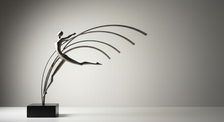 Silver metal abstract dancer sculpture with curved lines on a black base against a plain gray background