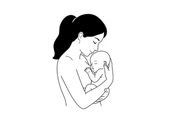 Illustration A woman with dark hair in a ponytail holds a sleeping baby