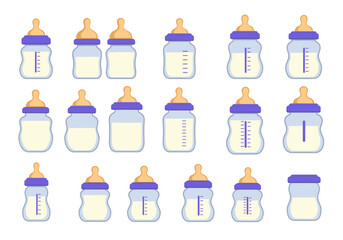 Multiple baby bottles filled with milk in varying amounts and styles