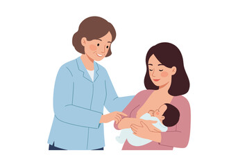 Woman breastfeeds baby as a nurse coaches her