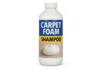 White plastic bottle of carpet foam shampoo with transparent background