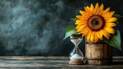 Time passing, symbolized by a sunflower and hourglass.