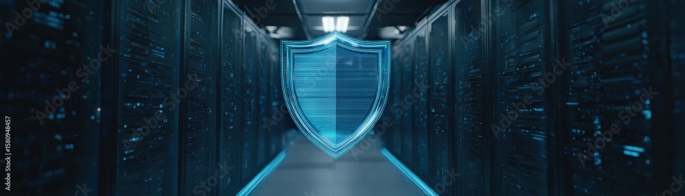 Poster a digital shield icon glows in a dark server room, symbolizing cybersecurity and data protection in 