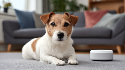 A playful dog resting on a carpet, showcasing its curious expression in a cozy living room setting.