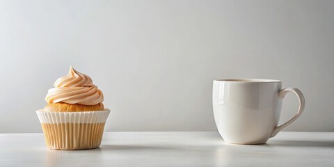 A single cupcake with delicate peach frosting sits beside a simple white mug on a bright surface