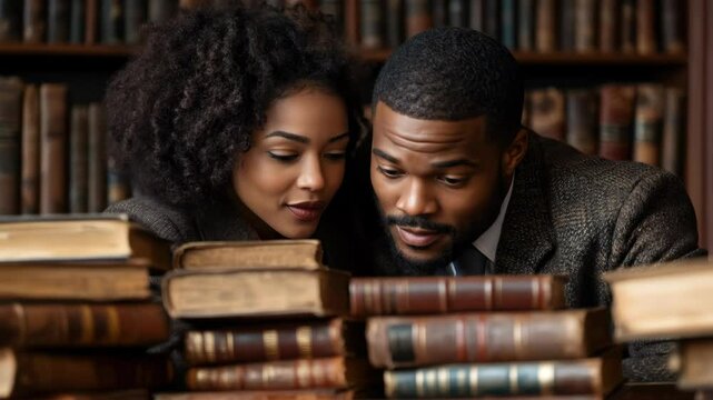 Couple reading old books together in a library, studying materials