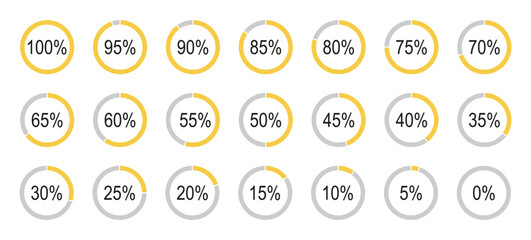 Round percentage diagrams icons for infographics from 0 to 100 percent. Yellow, grey color fill divided pie charts indicators. Circle graph loading progress icons.