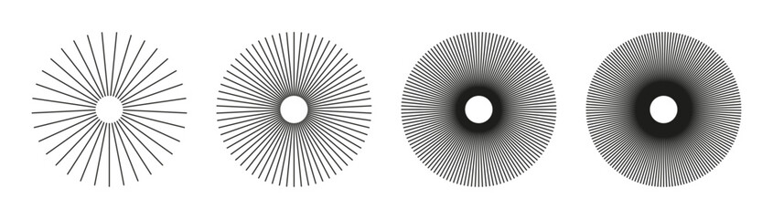 Radial circle lines. Symbol of Sun star rays. Circular lines elements.  Set of flat design elements. Spokes with radiating stripes collection. Abstract geometric shapes patterns.