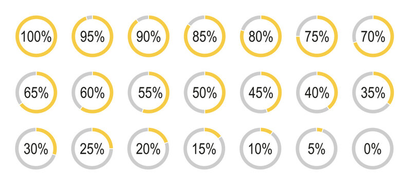 Round percentage diagrams icons for infographics from 0 to 100 percent. Yellow, grey color fill divided pie charts indicators. Circle graph loading progress icons.