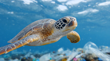 Fototapeta premium A sea turtle gracefully swims through clear waters, showcasing the beauty and fragility of marine life in its natural habitat.