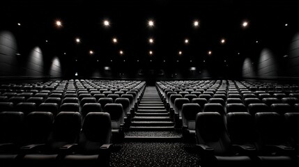 Obraz premium Empty cinema auditorium with rows of dark seats and bright ceiling lights illuminating the space, creating a dramatic and cinematic atmosphere.